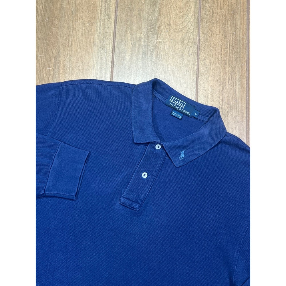 Polo Ralph Lauren Long Sleeve Pique Polo Shirt Navy Blue Mens Large vintage rare